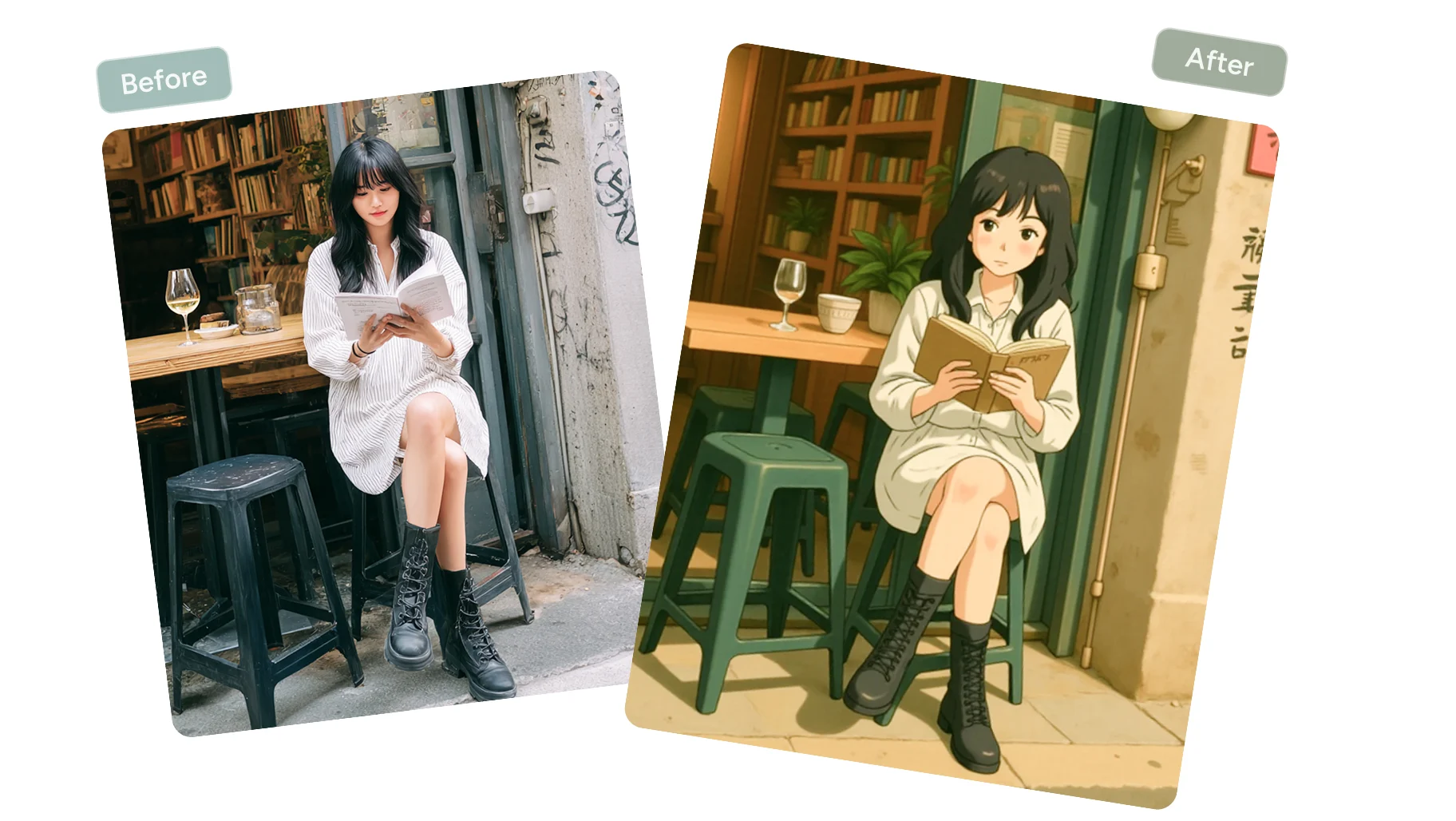 AI Easeの無料のAI写真アニメ化で、女の子の写真を全身のアニメキャラクター画像に加工する